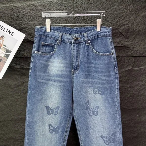 Chrome Hearts Butterfly Print Washed Loose Jeans